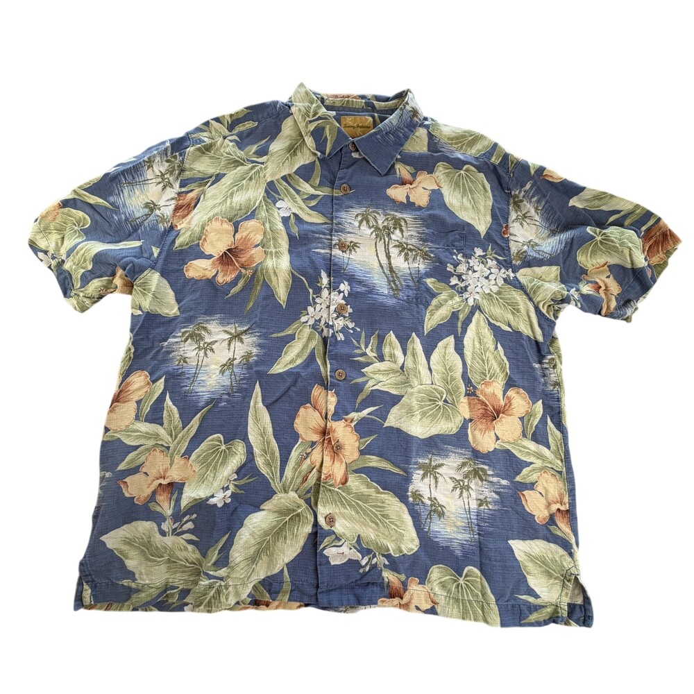 Tommy Bahama Shirt Mens XL Blue Floral Silk Short Sleeve Button Front Hawaiian